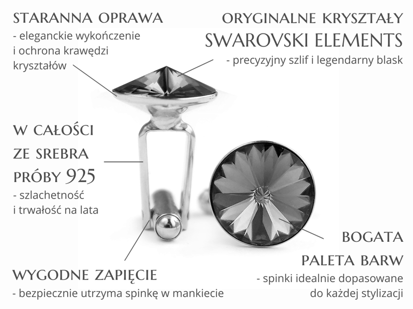 Cechy spinek do mankietów Anelle - srebrne spinki mankietowe z kryształami Swarovski dla Pana Młodego na ślub