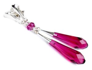 Klipsy ślubne fuksja - Swarovski Fuchsia - długie krople