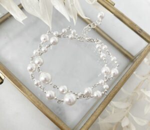 Podwójna bransoletka ślubna - perły Swarovski białe (White) i srebro